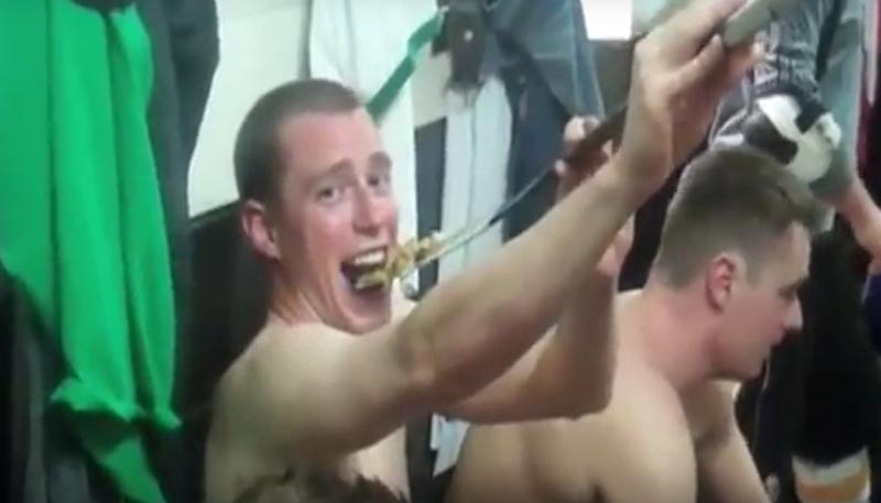 A shot from a video filmed by Derek Duval and othersat a Pond Rocket Tournament in Vankleek Hill. Derek Duval says PC party officials accused him of filming a man eating a hamster off of a hockey stick - he says it was poutine.