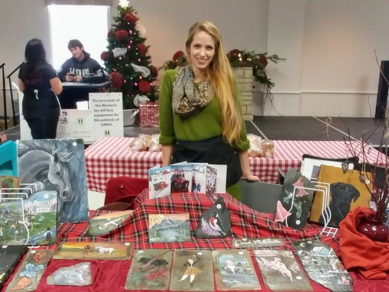 Sarah-Jane Raymond from Versatile Creations is seen here with her original acrylic paintings on tile. She uses Portuguese slate tiles which were salvaged from the old roof of St Finnan’s church in Alexandria, as well as blue Vermont slate tiles that were part of the old flooring in her parent’s home.