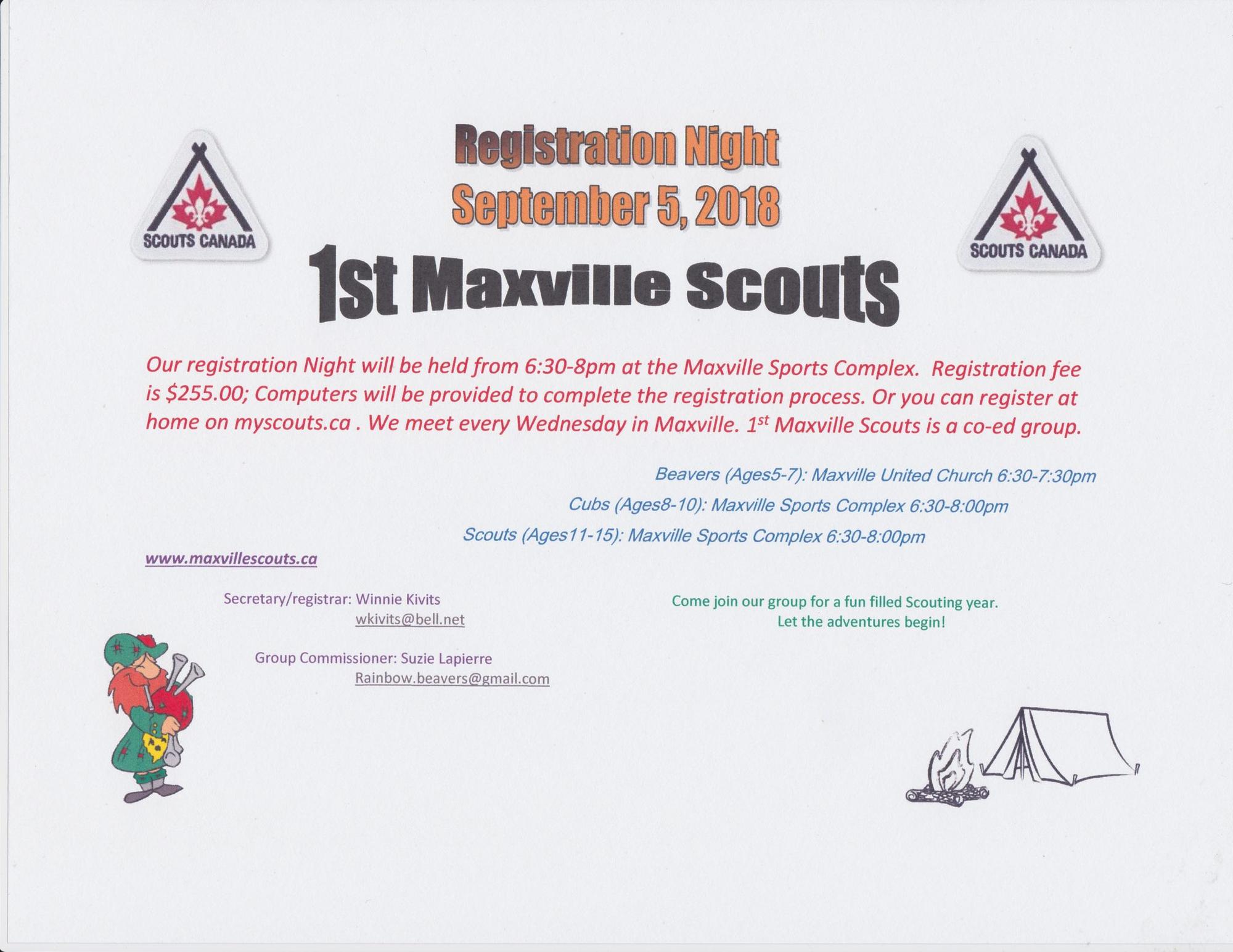 1st Maxville Scouts registration on September 5 at Maxville Sports Complex