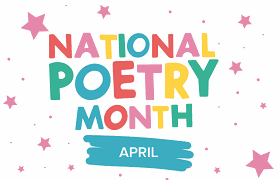 National Poetry Month April written in red, pink, yellow, green, and blue with pink stars in the background.