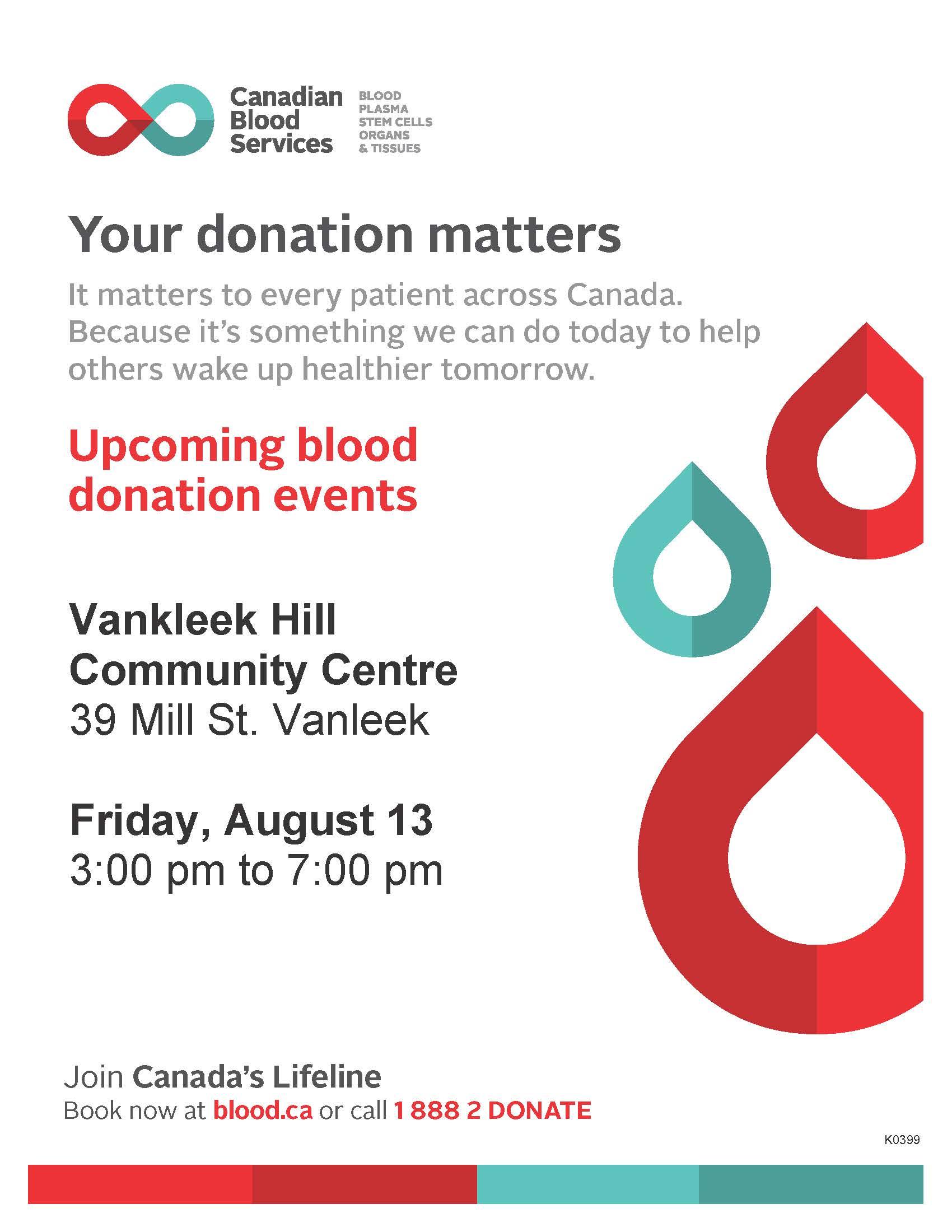 Register now for August 13 Vankleek Hill Canadian Blood Services donation clinic